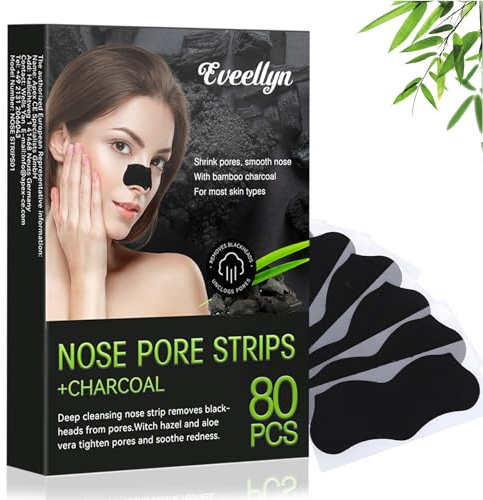 Eveellyn Cerotti Punti Neri, 80 strisce Cerotti Rimuovi Punti Neri, Strisce Punti Naso Carbone di Bambù Donne e Uomini (Black)