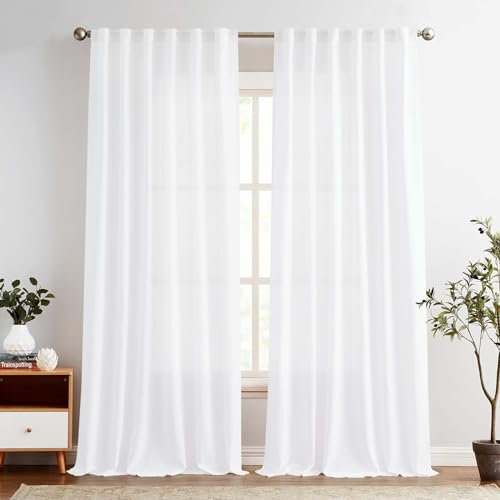 Vangao Gardinen Leinen Vorhänge mit Futter 140Bx245H(cm) Länge für Wohnzimmer Schlafzimmer Landhausstil Bauernhaus Modern Lichtfilterung Fenster Vorhang mit verdeckten Schlaufen 2 Panel Weiß