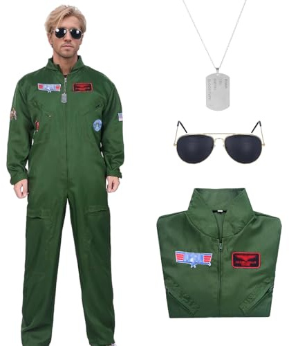 Antsparty Men Pilot Costume Aviator Fancy Dress Set with Pilot Jumpsuit Necklace Sunglasses, Green Aviator Flight Suit for Men Adult Halloween Cosplay Costume