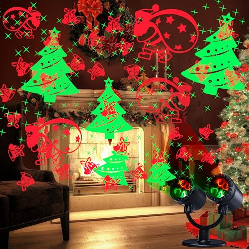 Moxled Proiettore Natale Esterno, Doppia Testa Albero di Natale Dinamico Babbo Natale Campane Stelle Proiettore LED con Timer, Impermeabile Illuminazione di Natale Esterno per Festa Decorazione di