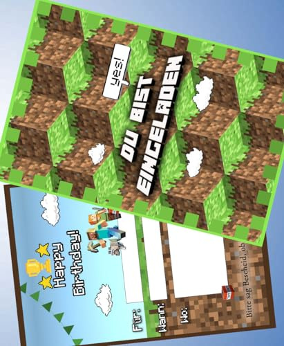 VSW 12 Einladungskarten & 12 Umschläge für Geburtstag Partys und Kindergeburtstag Mädchen & Jungen | Minecraft Nr. 103
