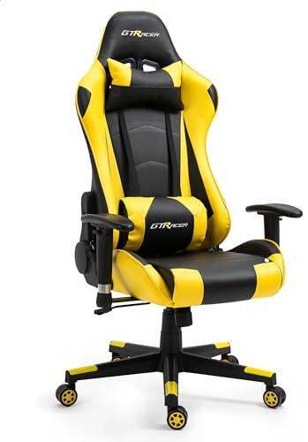 GTRACER Chaise de gaming Pro - Ergonomique - Accoudoirs réglables - Chaise d'ordinateur - Chaise de jeu en cuir synthétique - Chaise de bureau confortable pour le bureau à domicile (jaune)