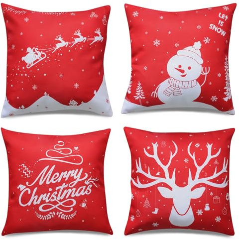 Mordx 4 Stücke Kissenbezug Weihnachten, Roter Weihnachtskissenbezug, Weihnachtsdeko Kissenbezüge, Winter Weihnachtsbaum Elch Weihnachtsmann Sofa, Stuhl, Bett dekorative Kissenbezug (Rot)