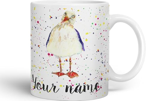 Vixar Personalised Mug with Your Text Name Seagull Sea Bird Animals Watercolour Art Coloured Ceramic Mug Cup Gift 330ml 11oz Custom Work Office Tea Coffee (White)