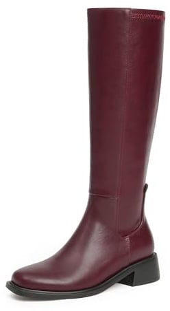 QIY Kniehohe Stiefel für Damen, Kunstleder, elastisch, niedriger Absatz, quadratischer Zehenbereich, seitlicher Reißverschluss, lange Stiefel für Damen, Burgunder, 37.5 EU