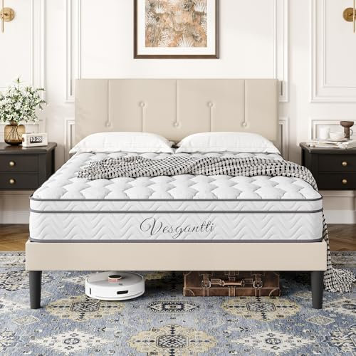 Vesgantti Single Bed Frame with Individually Pocket Spring Mattress, 3FT Adjustable Linen Upholstered Headboard, Easy Assembly, Solid Wooden Slats & Under Bed Storage,90 x 190cm, Beige