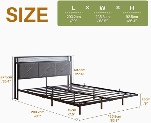 HAHRIR Floating Double Bed Frame with LED Lights & USB Charging Station, 135x190cm Metal Platform Bed Frame with 4ft6 Upholstered Headboard Storage,Heavy Duty Metal Slats, Noise Free/Dark Grey