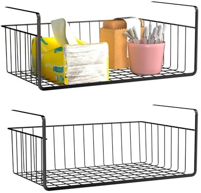 YRHome 2 Stück Unterregal Aufbewahrungskorb Hängekorb Metall Unter Schrank Korb-Organizer zum Aufhängen Schrankkörbe Aufbewahrung Schwarz für Küche Büro Schrank