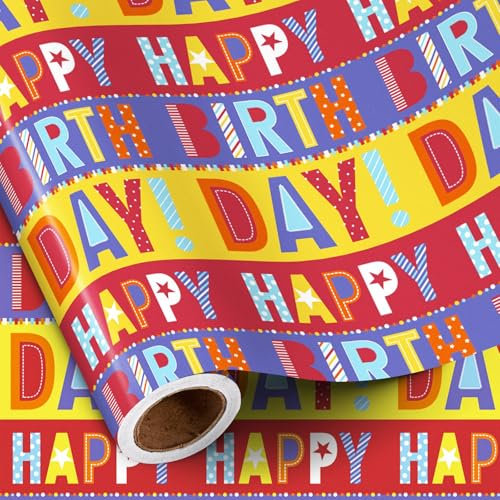 RUSPEPA Buntes Geburtstags-Geschenkpapier für Kinder, Jungen und Mädchen, Mini-Rolle, kräftiger „Happy Birthday“-Schriftzug mit leuchtendem Rot-Gelb-Design für Partys, Feiern, 43,2 cm x 5 m