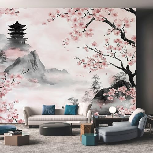 Generisch Fototapete Vlies Tapete Kirschblüten Aquarell Japan Fototapeten Vliestapete Wohnzimmer Tapeten Flur Wandtapete, TV Hintergrund Wandtapete Poster Bilder Wand Deko, 150 x 105cm (B×H) poi50