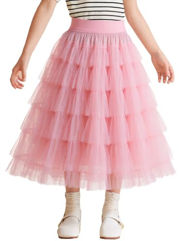 Happy Cherry Bambina Gonna Tulle Tutu Lunga Elastica A-Line Gonna Midi Vintage Elegante Casual Sottogonna da Ballo Principessa, 12-13 Anni Rosa