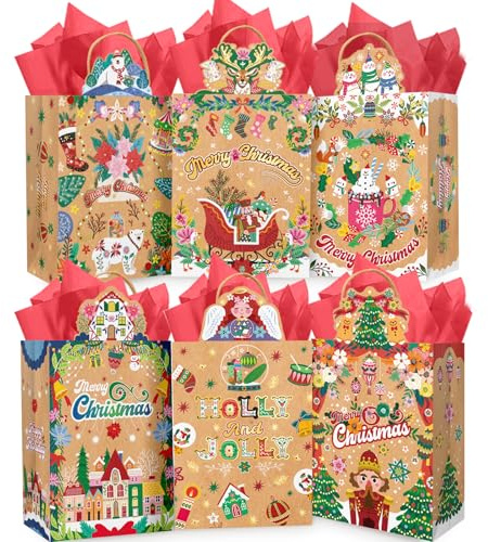 Gcardist 12Pcs Weihnachten Geschenktüten Kraft Geschenk Taschen mit Griffen in Kleinen Größe Papiertüten Weihnachten (Small-6.1×9.8×3.1, Tissue Papier Enthalten)