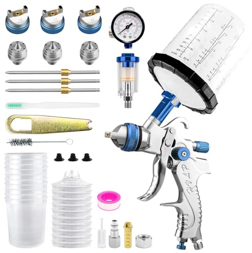 HVLP Lackierpistole Spritzpistole Kit mit 3 Düsen 1,4/1,7/2,0mm & 20 Unzen (650 ml) Einweg-Farbspritzpistolenbecher, Profi Farbpistole Lackierpistole Druckluft HVLP-Spritzpistole Schwerkraft