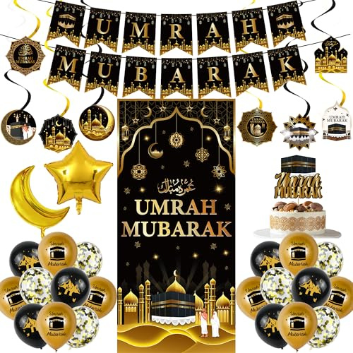 Umrah Mubarak Deko Ramadan Set - 34 Stück Deko für Ramadan Eid | Schwarz Gold Deko mit Girlande Konfetti Ballons für Umrah Hajj Eid Feier
