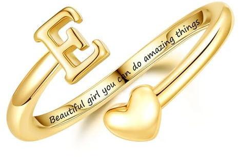 Turandoss Buchstaben Herz Ringe für Teenager Mädchen Kinder Geschenke | 14K Vergoldet Verstellbare Ring mit Buchstaben, Hypoallergen Ringe Gold Schmuck, Geburtstagsgeschenk für Mädchen Kinder
