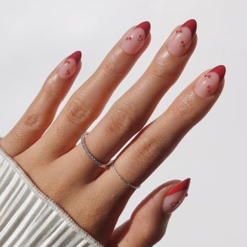 Glamnetic Press On Nails - Short Almond, Glossy Fake Nails 30 Pc Full Kit | Cherry red 3D french tip press on nails. Luxe glue-on set in 15 sizes. Water-resistant, chip-resistant, up to 2 weeks wear