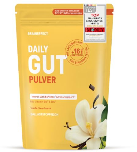 BRAINEFFECT DAILY GUT Vanille-Geschmack – Probiotisches Getränkepulver | mit 16 Mrd. lebenden Bakterien & 7 g Ballaststoffen pro Portion, mit Vitamin B1, B2, B6 & B12 – 240 g