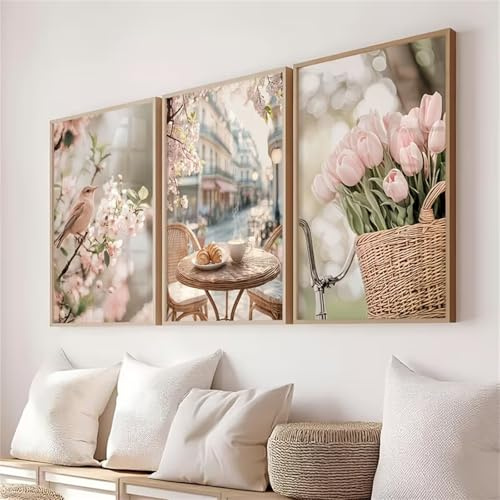 Meuzzvor 3er Set Leinwand Wandbilder Frühling Tulpen & Vögel Aesthetic Bilder Wohnzimmer Poster Wanddeko Schlafzimmer Bild Modern Wandkunst Geschenk (40x50cm)