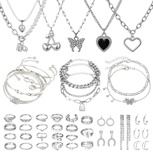 JSTHHTT 45 Stück Schmucksets für Damen, Schmuck Silber, Schmucksets für Damen, Schmuckset Silber, Schmuck Set Damen, Modeschmuck Schmuckset, Schmuck Set für Geschenke Geburtstags Valentinstag