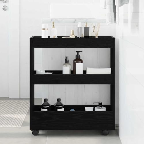 Ordellia Schmaler Aufbewahrungswagen Schwarz Eichen-Optik aus Holzwerkstoff mit 4 Rollen, 60 x 18 x 70 cm, Küchenwagen Rollwagen Beistellwagen für Stauraum Regal Gewürz Flasche Schrank