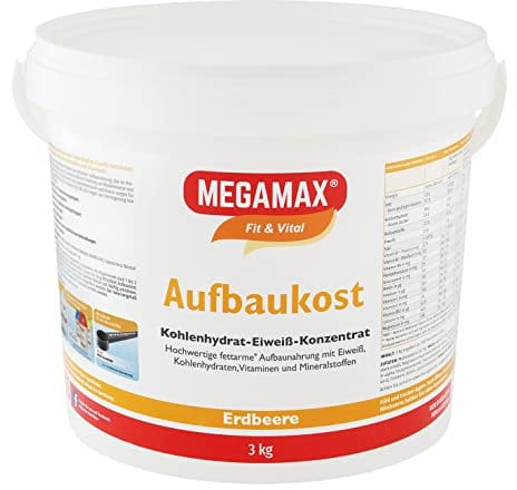 MEGAMAX Aufbaukost Erdbeere 3 kg -Ideal zur Kräftigung und bei Untergewicht. Proteinpulver zur Zubereitung eines fettarmen Kohlenhydrat-Eiweiß-Getränkes für Muskelmasse u. Muskelaufbau Gewichtszunahme
