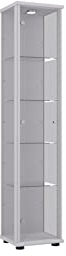 K-Möbel Glasvitrine Stehend (176x37x33cm) - Made in Germany - Vitrinenschrank Silber/Alu mit 4 höhenverstellbaren Glasböden & LED - Vitrine Glas stehend - Glasschrank - Display Cabinet