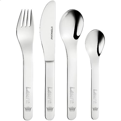 Kinderbesteck mit Gravur Krone + Name 4tlg personalisiert mit Namensgravur auf der Vorderseite - Gravurbesteck