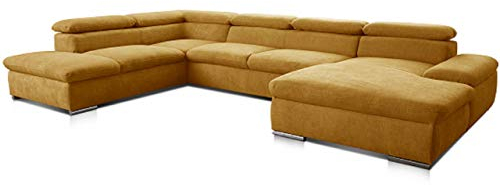 Cavadore Wohnlandschaft Alkatraz im modernen Design / U-Form mit Ottomane links und Longchair rechts / Inkl. Bettfunktion + Kopfteilverstellung / 350 x 73 x 226 / Gelb