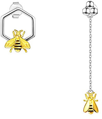 SILVERCUTE Damen Ohrringe Asymmetrische Biene Ohrringe aus 925 Sterlingsilber Zirkonia Ohrstecker vergoldet zweifarbig Schmuck für Mädchen Weihnachten Geburtstag