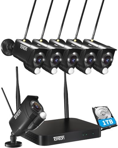 (Floodlight +2 Way Audio) Tonton Wireless CCTV Camera System Outdoor 10CH 5MP NVR with 6x3MP Security Cameras, PIR Motion Detection, Full Colour Night Vision, 24/7 Recording, 1TB Hard Drive Included