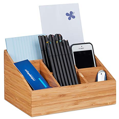 Relaxdays Schreibtisch Organizer, 6 Fächer für Stifte, Notizzettel, Briefe, Büroklammern, Desk Organizer Bambus, Natur