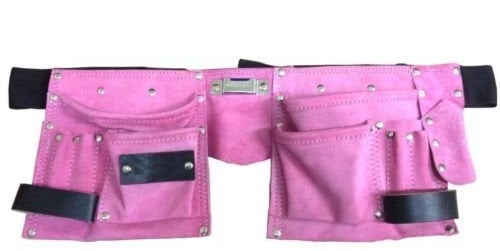 Unibos Professional Pink Leather Tool Belt Double Pouch, Tool Organiser with 11 Pockets for Tools & Small Items, for Work or Ladies Hen Party & Fancy Party