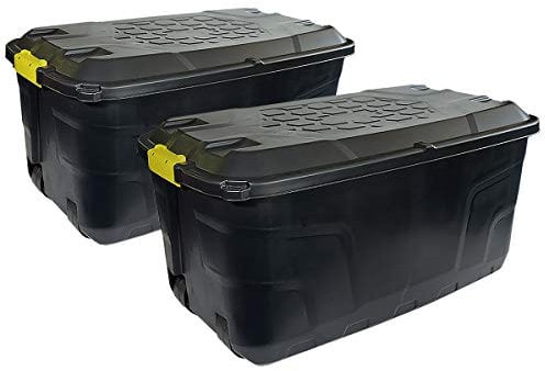 CHARLES BENTLEY Set of 2, 145L, Heavy Duty, Trunk on Wheels, Black, 4.9kg each, Block, Black, Reprocessed Material, Two padlock holes, 4 Wheels, Strong Lock, Waterproof Design, Sustainable(94x52x45cm)