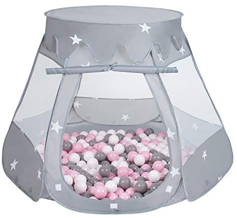 Selonis Baby Spielzelt Mit Plastikbällen Zelt 105X90cm/100 Stück Bälle Plastikkugel Kinder, Grau:Weiß/Grau/Puderrosa