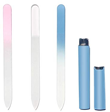 Aoshang Confezione da 3 lime per unghie in vetro, con superficie incisa su entrambi i lati, per manicure/pedicure, strumento professionale per la cura delle unghie naturali, con custodia (blu,