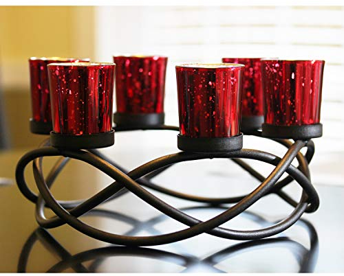 Seraphic Iron Round Table Decor Centerpiece Decorations Candle Holder for Weddings, Patio, Kitchen, Dining Room, and Coffee Tables, Glass Votive Tealight Holders, Black, 6 Red Cups