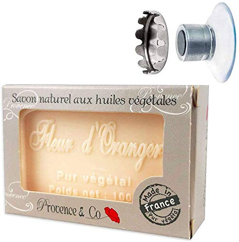 SudoreWell® Porte-Savon avec Aimant Plus Savon de Marseille fabriqué en France - Savon Naturel à la Fleur d'oranger 100g