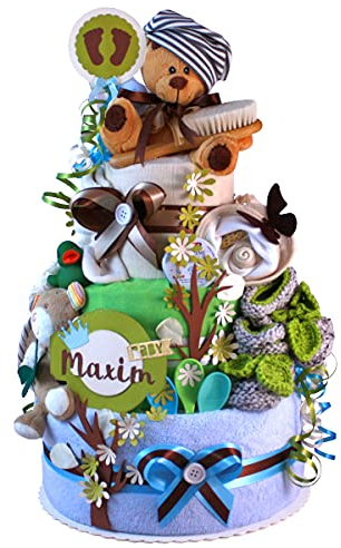 MomsStory – Windeltorte Junge | DIY Windelgeschenk Teddy | Baby-Geschenk zur Geburt Taufe Babyparty | 3 Stöckig (Blau-Braun) XXL Geburtsgeschenk