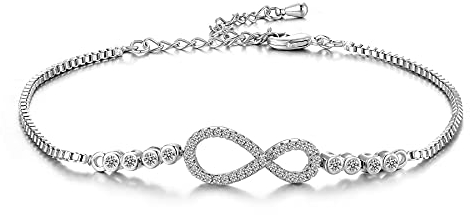 CERSLIMO Silver Bracelet for Women White Gold Plated Cubic Zirconia Paved Infinity Heart Round Circle Bracelets Birthday Gift for Girls Ladies Mom Sister Best Friends Girlfriend, 16 centimeters,
