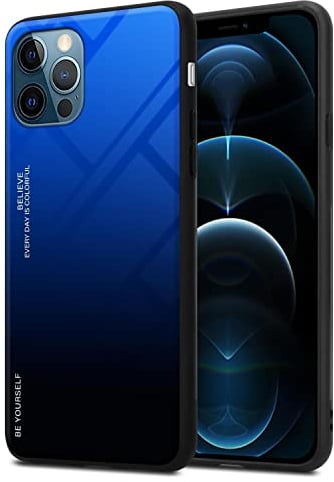 Cadorabo Estuche Compatible con Apple iPhone 12/12 Pro en Azul - Nero - Funda Protectora Bicolor Fabricada en Silicona TPU y Parte Trasera de Cristal Templado