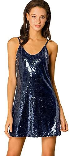 Allegra K Mini Robe à Paillettes pour Femme avec Bretelles Fines et décolleté en V pour fête, soirée Cocktail, Sortie en boîte, Noir foncé, Taille M