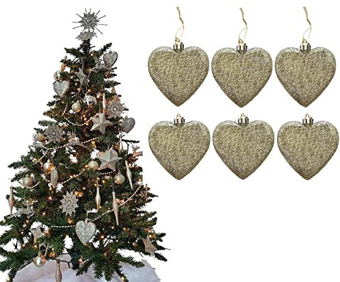 Simply Products 6 Heart Baubles - Great Christmas Tree Decorations, Glitter Heart Baubles (Champagne (Gold) Glitter)