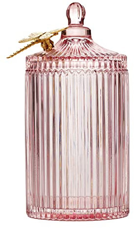 AmeliaHome Boîte de rangement avec couvercle - Organiseur en verre - 10,5 x 20 cm - Libellule - Rose poudré