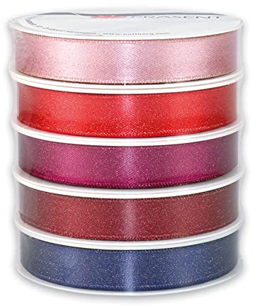 PRÄSENT GLITTER SATIN bunt, 5 x 3 m Satinband, 10 mm Breite, Geschenkbandset für Verpackungen und Dekorationen, weiche Stoffbänder in fünf verschiedenen Farben