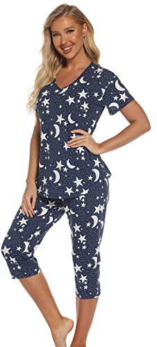Misscoo Ensemble de pyjama sans manches pour femme - Pantacourt en coton pour le printemps et l'été (motif nuit étoilée), # 12, XX-Large