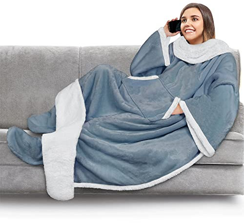 PAVILIA Sherpa Blanket with Sleeves, Foot Pocket for Women Men Adults, Thick Wearable Blanket Throw Wrap, Fleece Warm Snuggle Blanket Robe, Cozy Gift Ideas Wife Mom, Blue