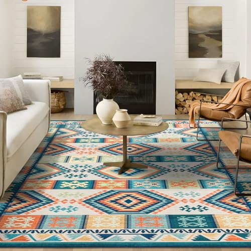 Fashriend Rita Marokkanischer Teppich, waschbarer Westernteppich, rutschfester Südwest-Boho-Teppich, fusselfreier Azteken-Teppich, geometrischer Teppich mit niedrigem Flor, für Wohnzimmer,