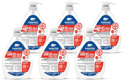 Sanitec, Sani Gel Med, Disinfettante Mani a Base di Alcol senza Risciacquo, Disinfettante Idroalcolico che Elimina il 99,9% dei Batteri, Ideale in Qualsiasi Ambito, Made in Italy, 6x600 ml
