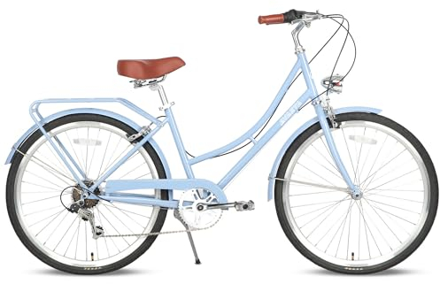 AVASTA Straßen-Hybrid-Fahrrad für Frauen, leichtes Step Throught 26-Zoll-Legierung Rahmen Stadt Pendler Komfort Fahrrad, 6-Gang-Antrieb, Farbe Blau mit schwarzen Reifen