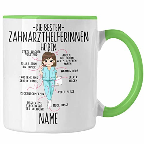 Trendation - Zahnarzthelferin Geschenke Tasse Geschenk Personalisierter Name Zahnmedizinische Fachangestellte (Grün)